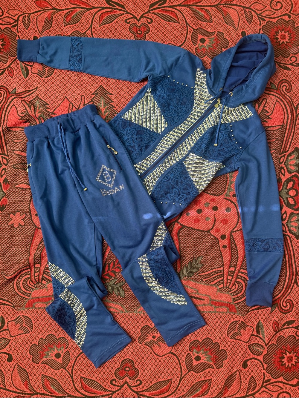 Unbranded Women's Blue Hooded Tracksuit Set with Embellished Details
